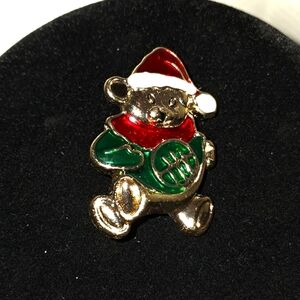 Vintage Enamel Teddy Bear Christmas Brooch Santa Hat and French Horn